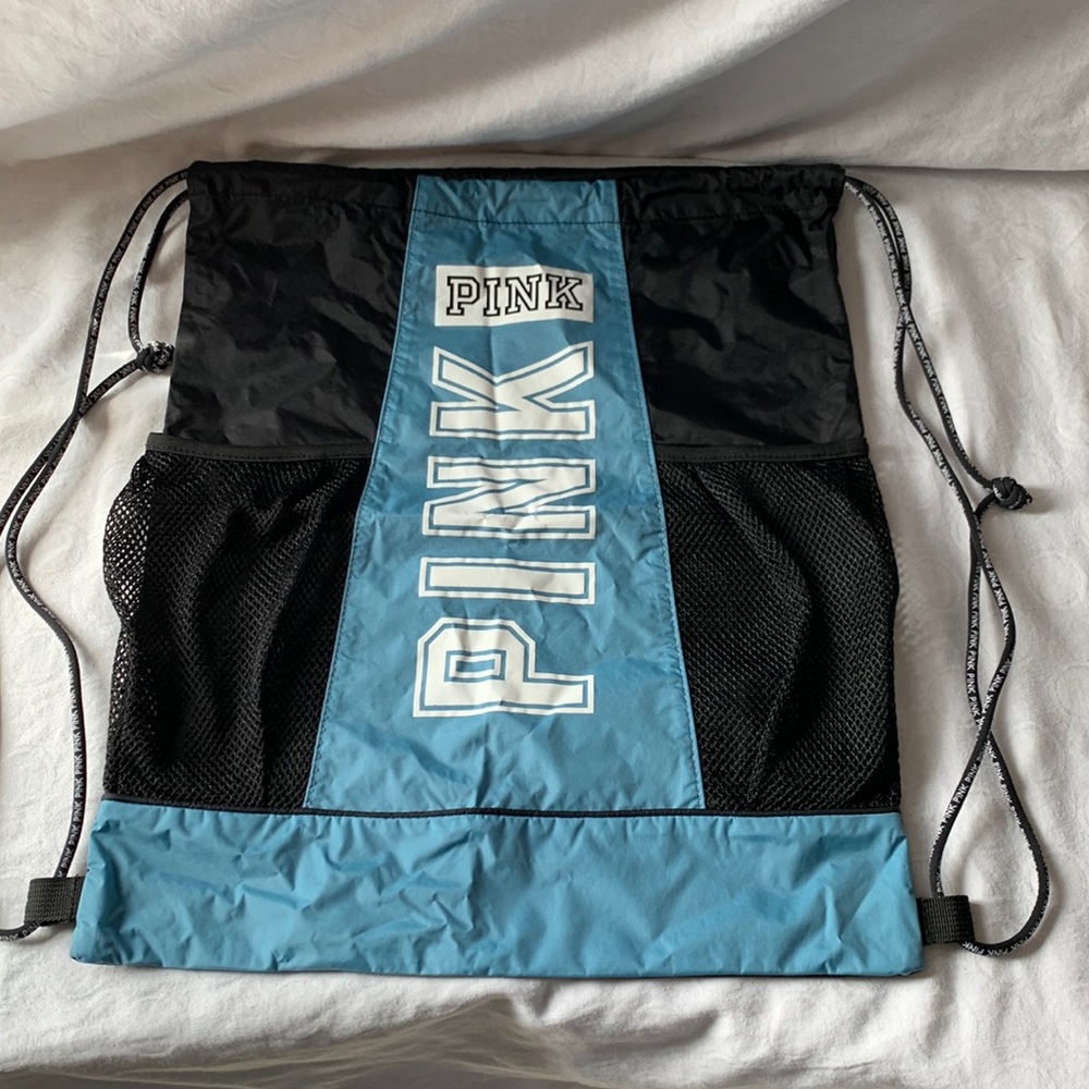 Pink Drawstring Backpack With 2 Outside Black Mes… - image 1